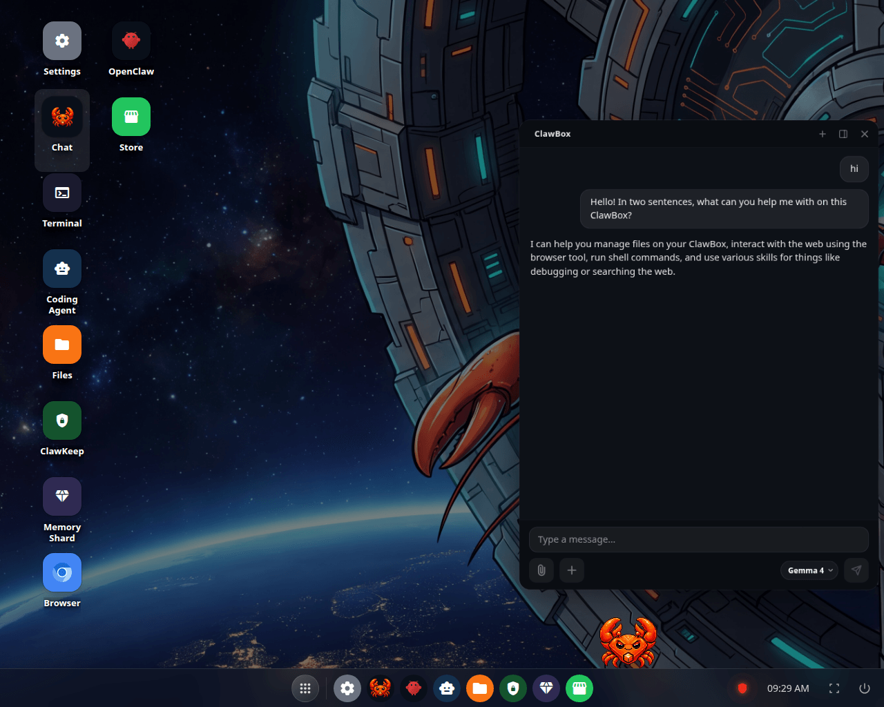 The chat open over the desktop on a short exchange: a greeting, then a question asking what the assistant can help with on this ClawBox, and its reply saying it can manage files on the box, use the browser, run shell commands and call its skills. The composer below carries an attach button, a plus button and a model pill reading Gemma 4.