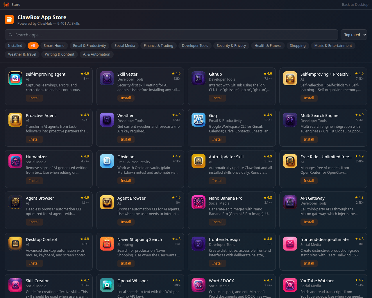 The ClawBox App Store window, powered by ClawHub, with a search box, sort and category filters, and a grid of skills each showing its rating and what it does.