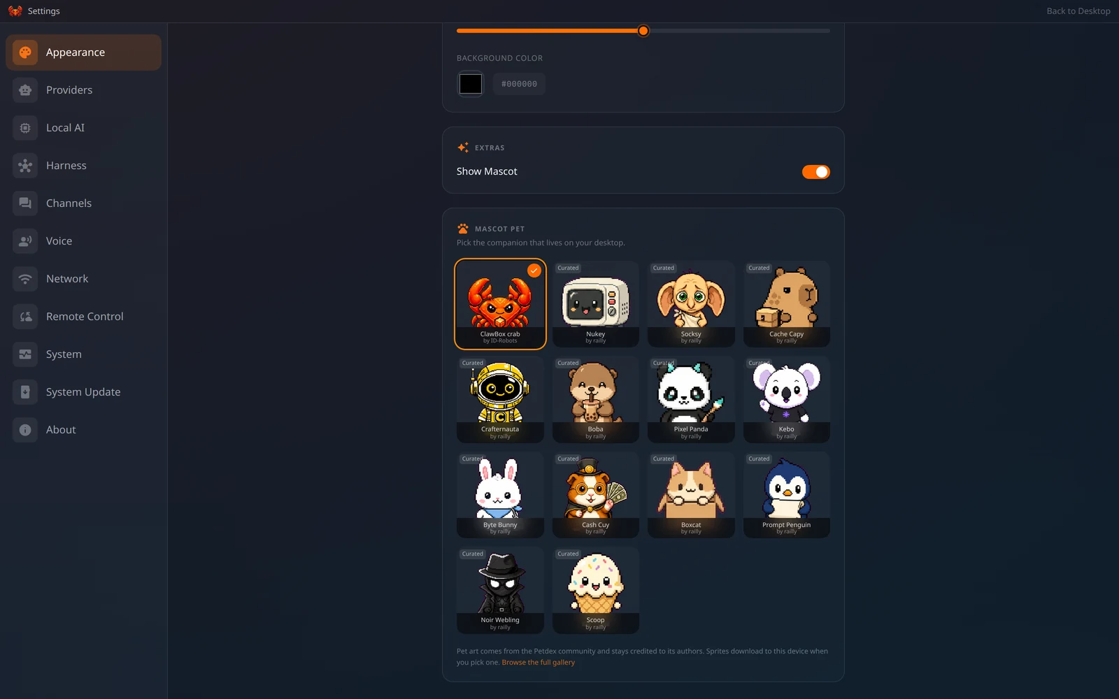 The Appearance settings: the Show Mascot switch, and the Mascot Pet picker with the built-in ClawBox crab selected beside a grid of community pets, each credited to its author.